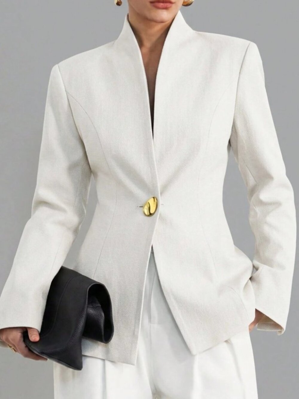 Ivory Woven Blazer with Sculptural Gold Button Closure